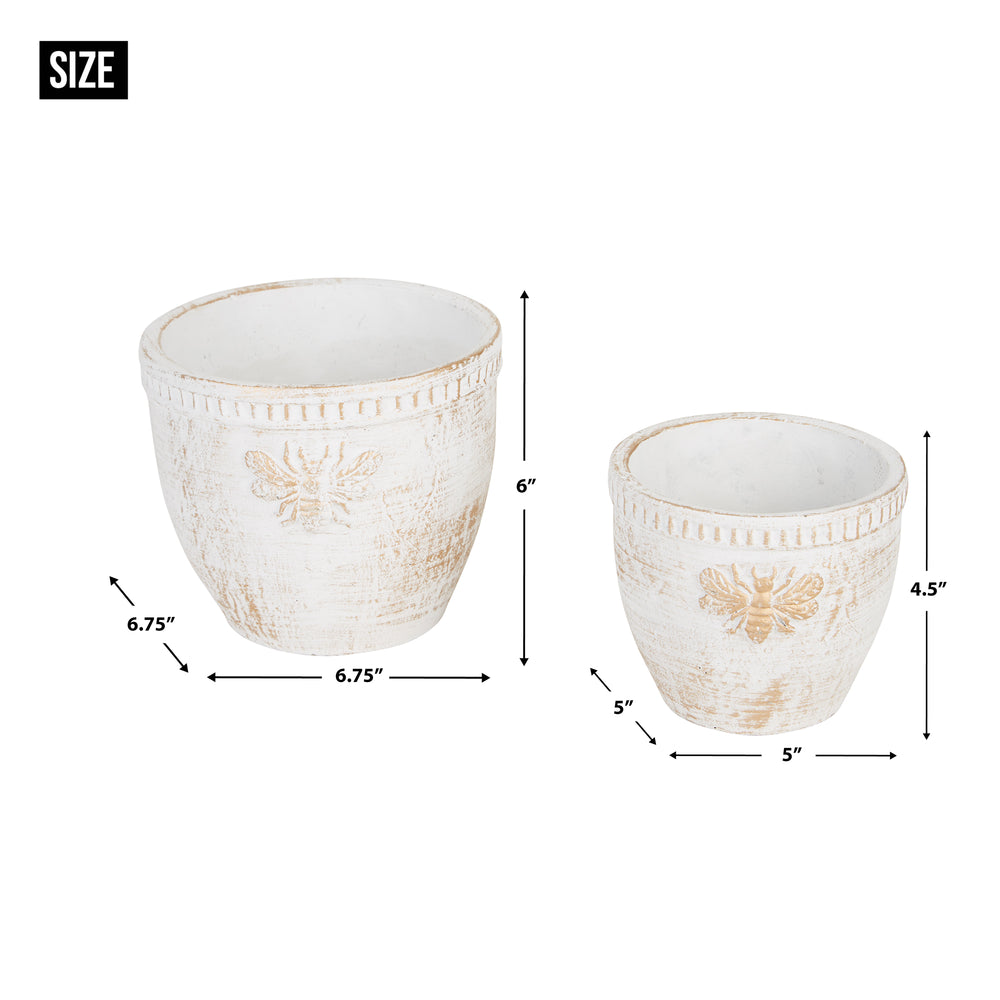 Gold Bee White Washed Cement Flower Pot Set of 2